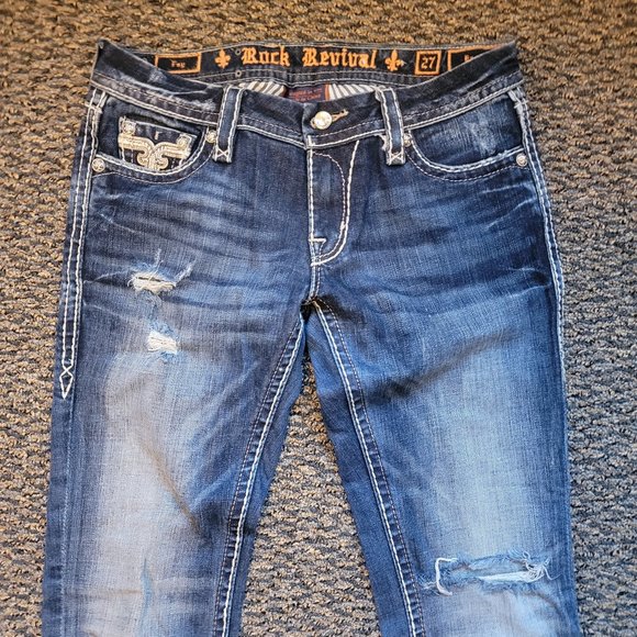Rock Revival Fay Easy Boot Distressed Jeans Size 27 Rhinestone Pocket Bling - Picture 5 of 13